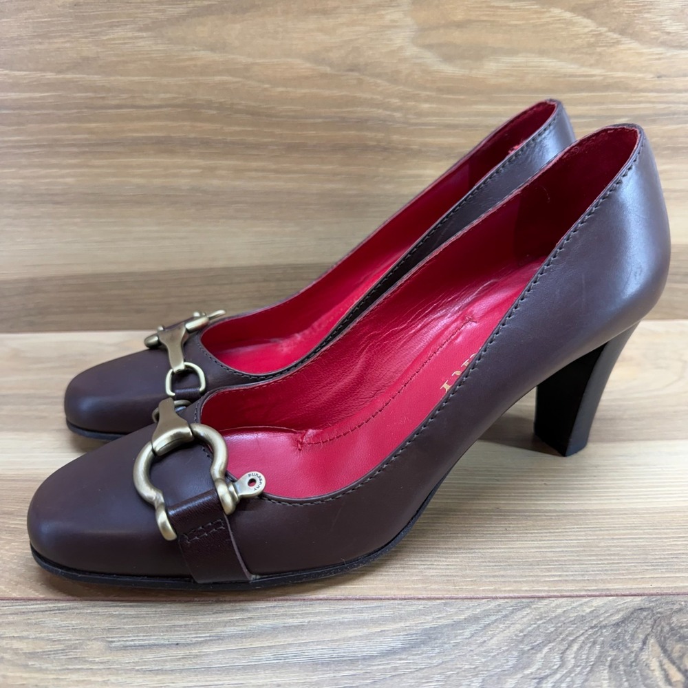 BURBERRY Horsebit Pumps Womens 7 EU 37 Brown Leather Dress Shoes - Picture 3 of 11